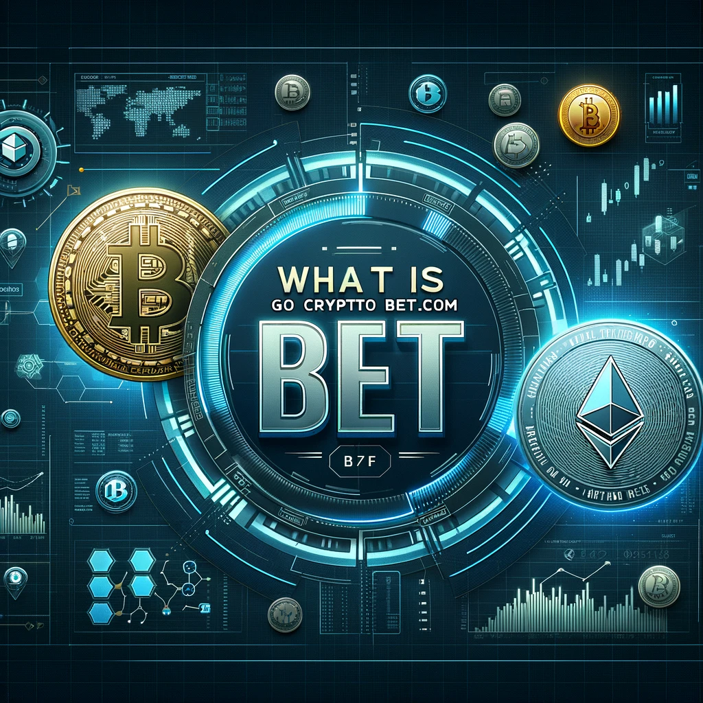 A modern and sleek image displaying cryptocurrency icons, a blockchain-inspired design, and a futuristic betting platform interface, with the heading 'What is gocryptobet.com Bet?' prominently written in bold font.