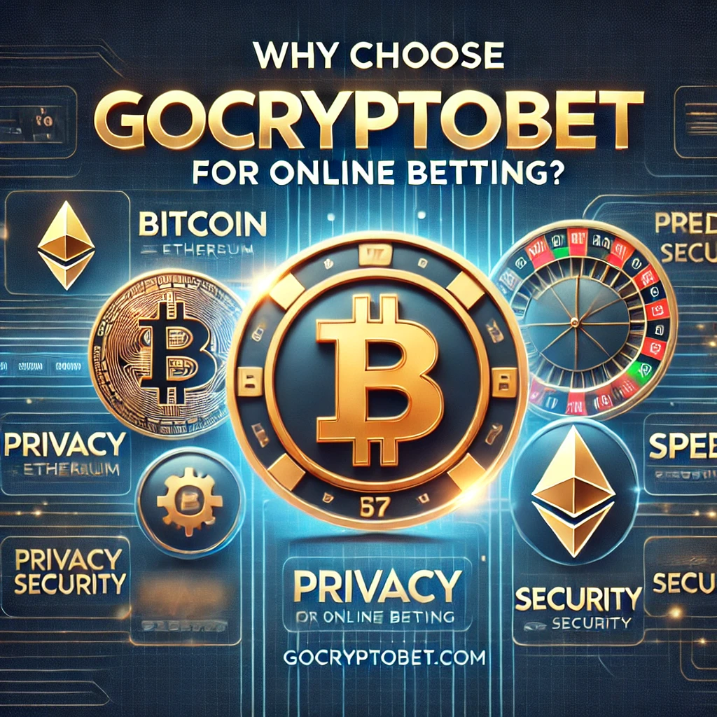 A visually appealing graphic featuring cryptocurrency symbols, icons for privacy and speed, and a modern betting platform interface, with the heading 'Why Choose gocryptobet.com for Online Betting?' in bold, professional font.