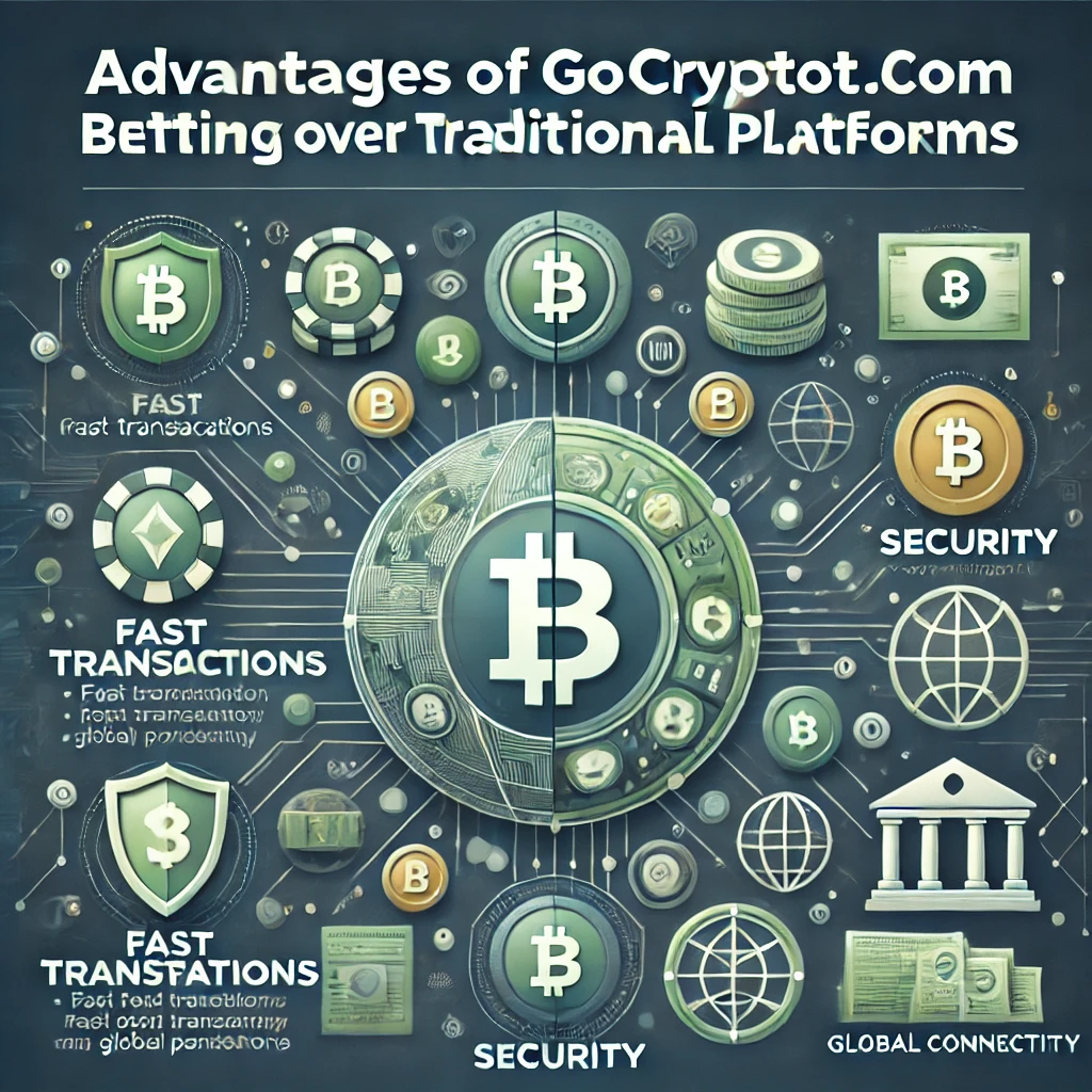 A detailed comparison-themed image showcasing cryptocurrency icons, secure transactions, and global connectivity, contrasting traditional banking visuals, with the heading 'Advantages of gocryptobet.com Betting Over Traditional Platforms' in bold, clear text.