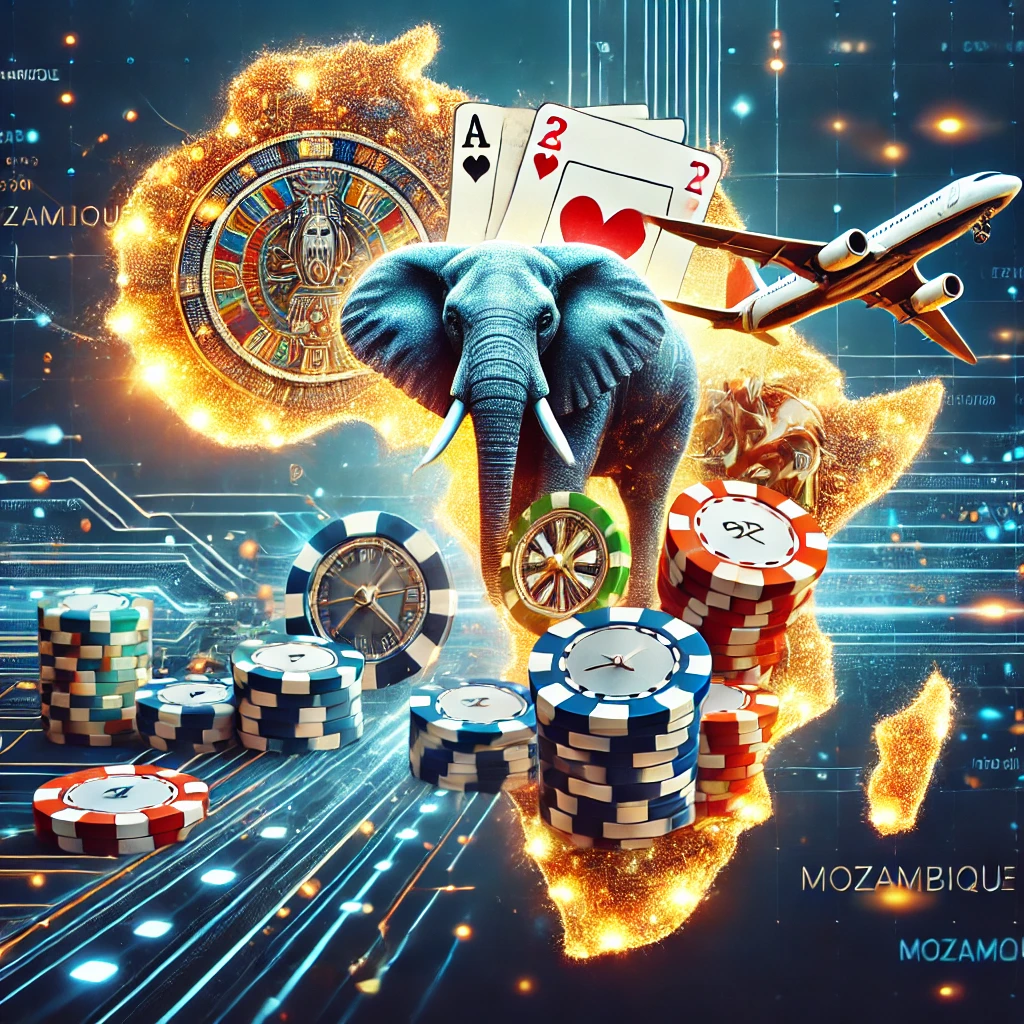 A modern visual representation of the evolution of Elephant Bet in the online betting world, featuring digital betting elements like chips, cards, and a virtual airplane, with a glowing map of Mozambique in the background, symbolizing progress and innovation.