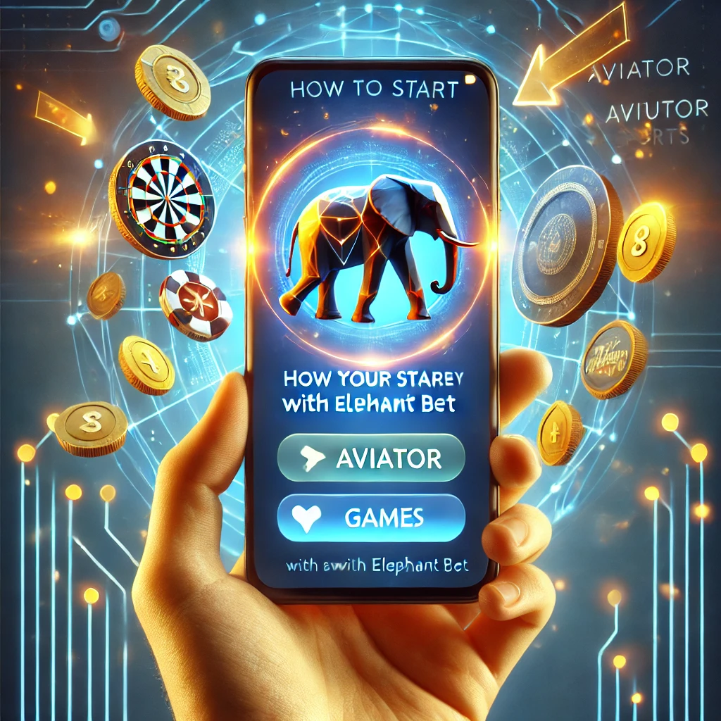 An engaging image showing a smartphone displaying an online betting platform with games like Aviator and virtual sports. The phone is surrounded by glowing icons like coins and arrows, symbolizing the simplicity of starting with Elephant Bet, with a futuristic blue and gold background.