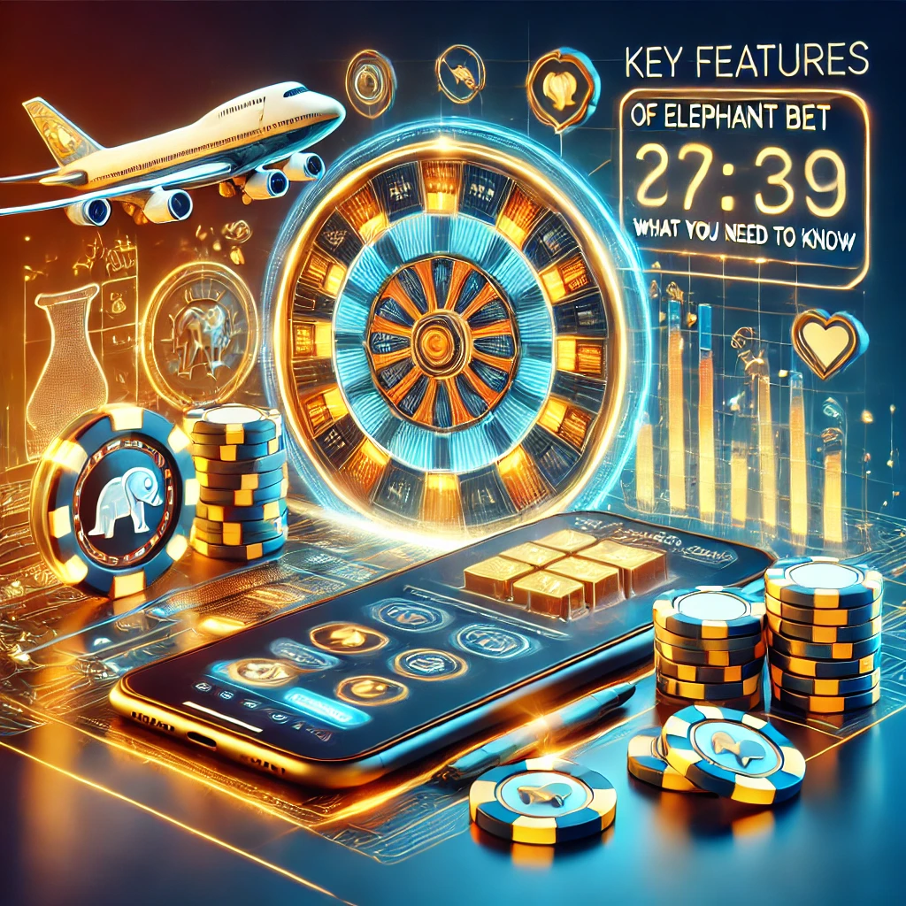 A dynamic image showcasing key features of Elephant Bet, including a virtual airplane for the Aviator game, betting chips, and a glowing dashboard interface representing the Elephant Bet Zone, set against a vibrant gold, blue, and white futuristic background with a subtle Mozambique map.