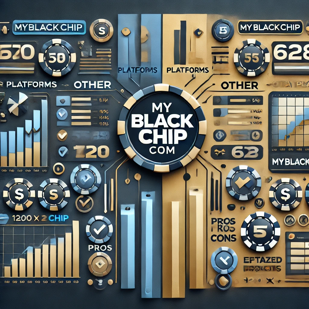 A professional design with the heading 'Comparing myblackchip.com to Other Platforms,' showcasing a balanced comparison theme with platform icons, charts, and pros and cons symbols.