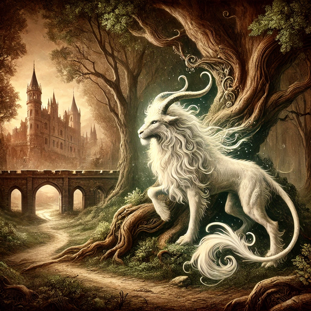 A legendary white beast in a medieval forest setting, standing near a winding path that leads to a distant castle. The scene reflects ancient folklore with an enchanting blend of mystery and symbolism.