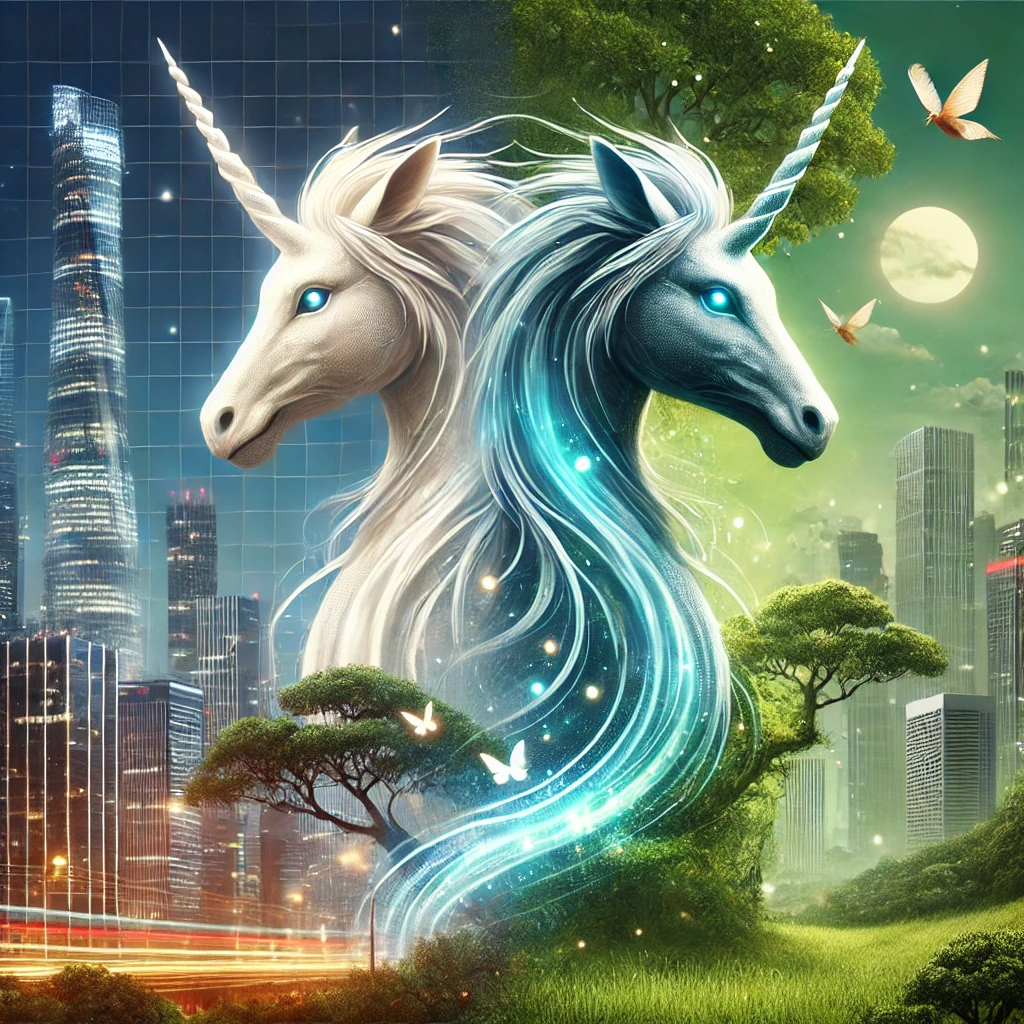 A modern depiction of a mythical white beast blending folklore with futuristic aesthetics. The creature stands between a glowing cityscape and a lush forest, symbolizing the harmony of tradition and contemporary themes.