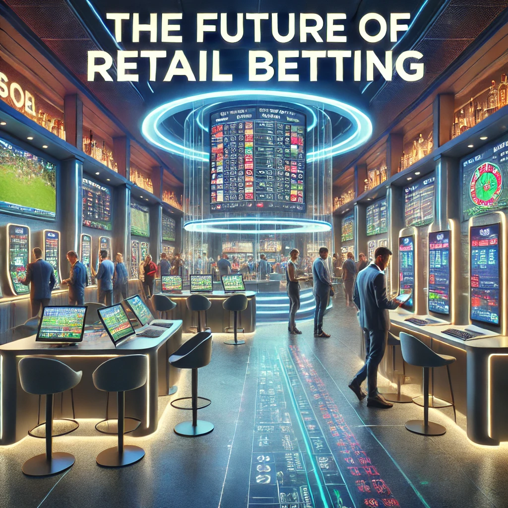 A modern betting shop featuring self-service kiosks, a digital display of sports odds, and customers using mobile devices alongside traditional betting services. The environment showcases the future of retail betting with vibrant lighting and advanced technology.