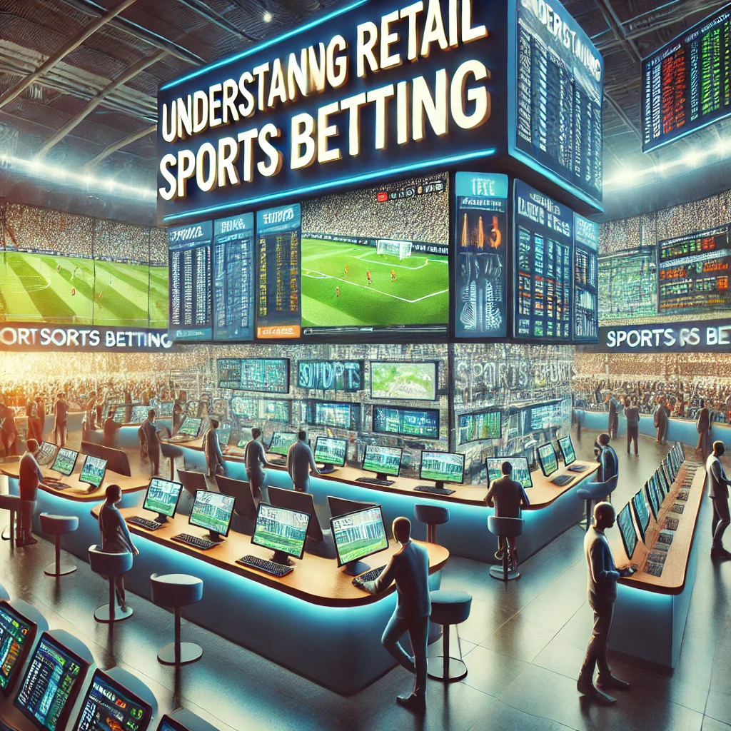 A lively betting shop setting with digital screens displaying sports odds, a live match on a large display, and bettors interacting with staff and kiosks. The image represents the engaging and social aspects of retail sports betting.