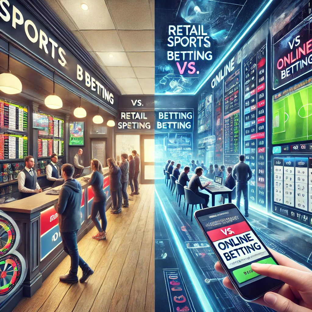 A comparison-themed image showing a split view: one side displays a lively retail betting shop with people placing bets at counters and kiosks, while the other side features a person using a smartphone or laptop for online betting. The visual highlights the differences between retail and online betting experiences.