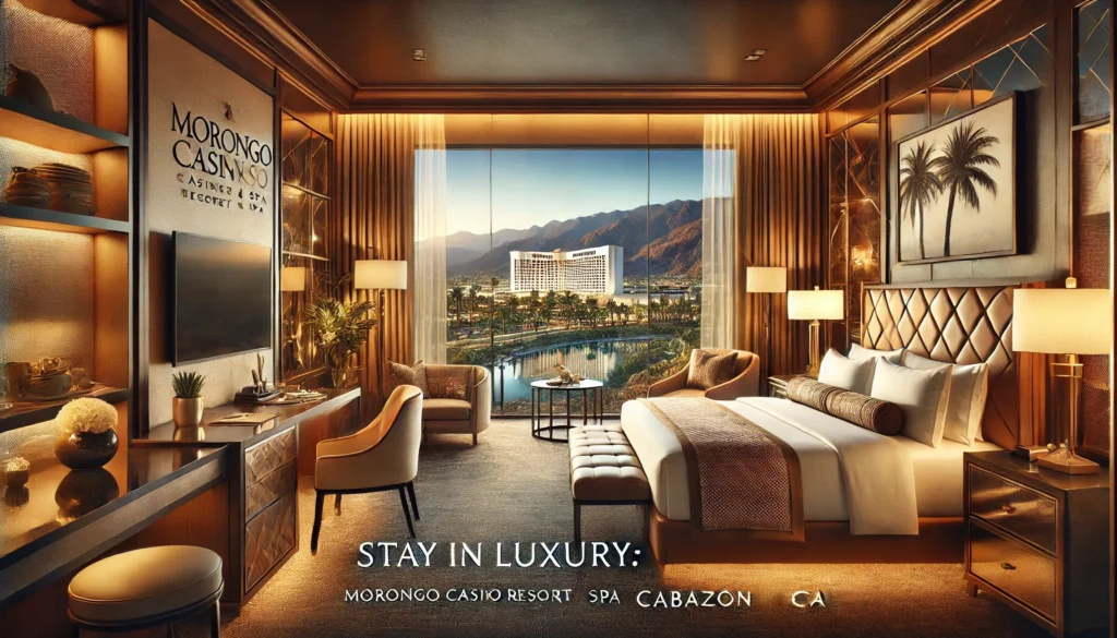 An elegant hotel room at Morongo Casino Resort and Spa featuring a king-sized bed, modern decor, a cozy seating area, and large windows offering stunning mountain views.