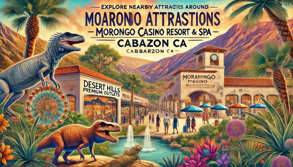 A vibrant collage of attractions near Morongo Casino Resort and Spa, including the Cabazon Dinosaurs, Desert Hills Premium Outlets, and scenic mountain trails in the San Bernardino area.