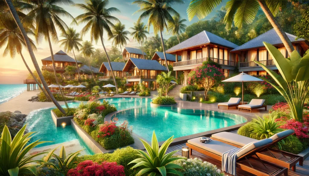 A luxurious tropical resort with beachfront villas, tall palm trees, vibrant flowers, and an infinity pool overlooking the turquoise ocean and white sandy beach, illuminated by soft sunlight.