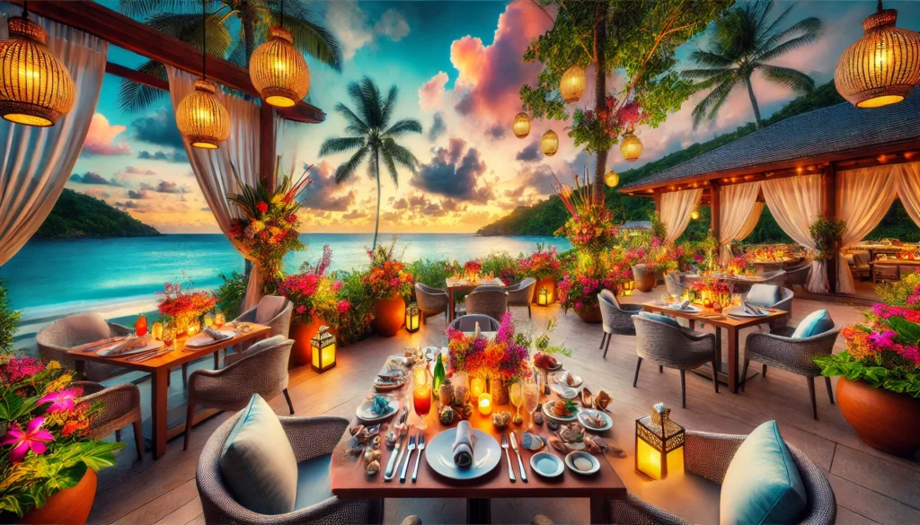 An elegant outdoor dining setup at a tropical beachfront resort with fine dining tables, tropical flowers, and lanterns, overlooking a vibrant sunset and ocean backdrop.