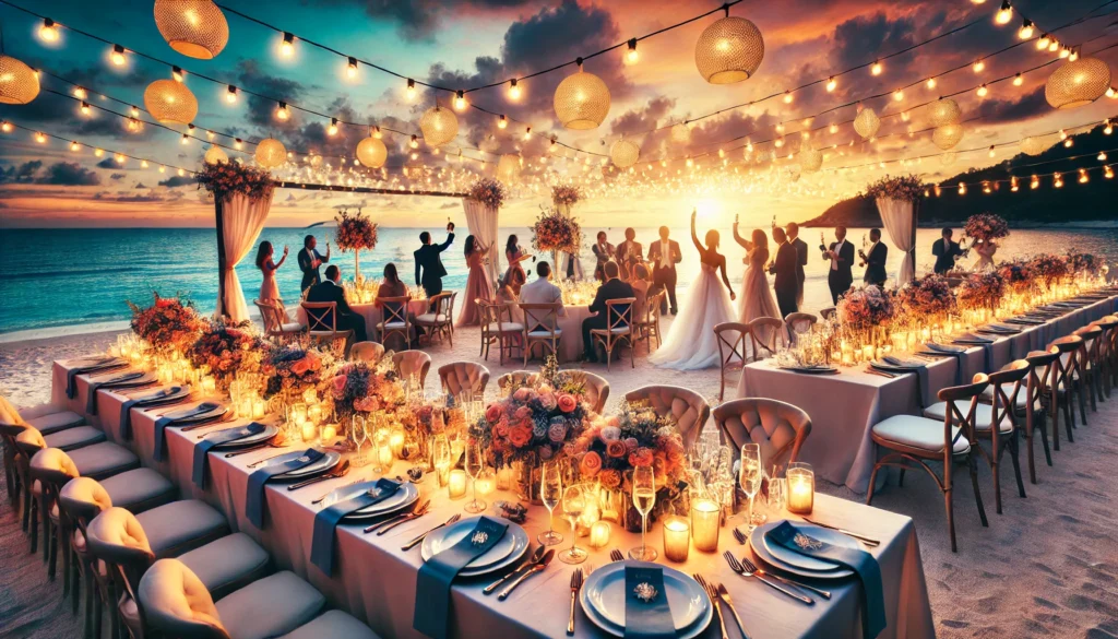 A glamorous beachfront celebration setup during sunset with elegantly arranged tables, floral centerpieces, string lights, and guests enjoying a formal event by the sparkling ocean.