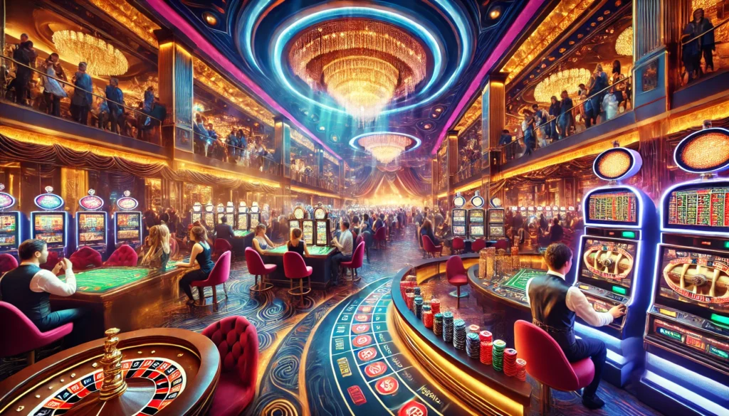 A lively casino scene featuring people enjoying slot machines, table games like poker and blackjack, with glamorous lighting and a luxurious ambiance.