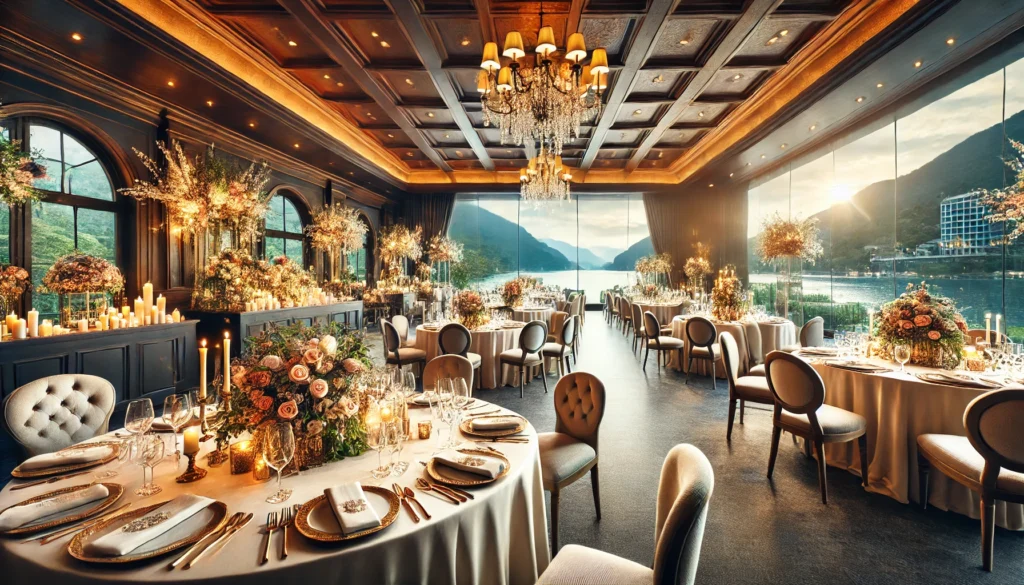 A beautifully decorated event space with elegant tables, floral centerpieces, and ambient lighting, overlooking mountains and a serene lake through large windows.