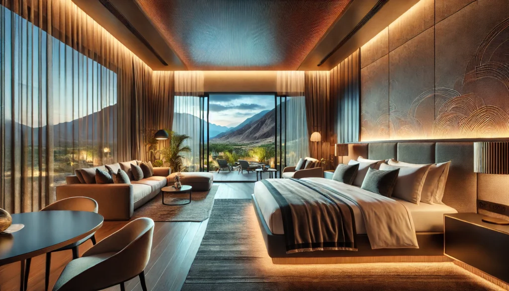 A modern hotel room featuring a large king-size bed with plush bedding, decorative pillows, and floor-to-ceiling windows showcasing a scenic desert view, complemented by a cozy seating area and a private balcony.