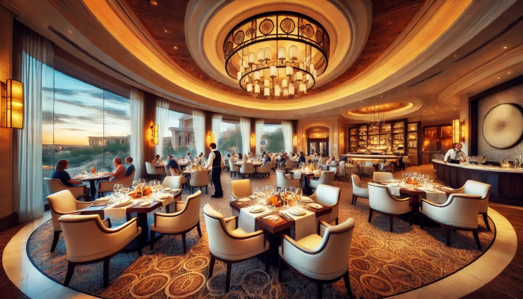 A luxurious resort dining area with elegantly set tables, a stunning chandelier, warm ambient lighting, and large windows offering a view of the desert, with guests enjoying gourmet meals.