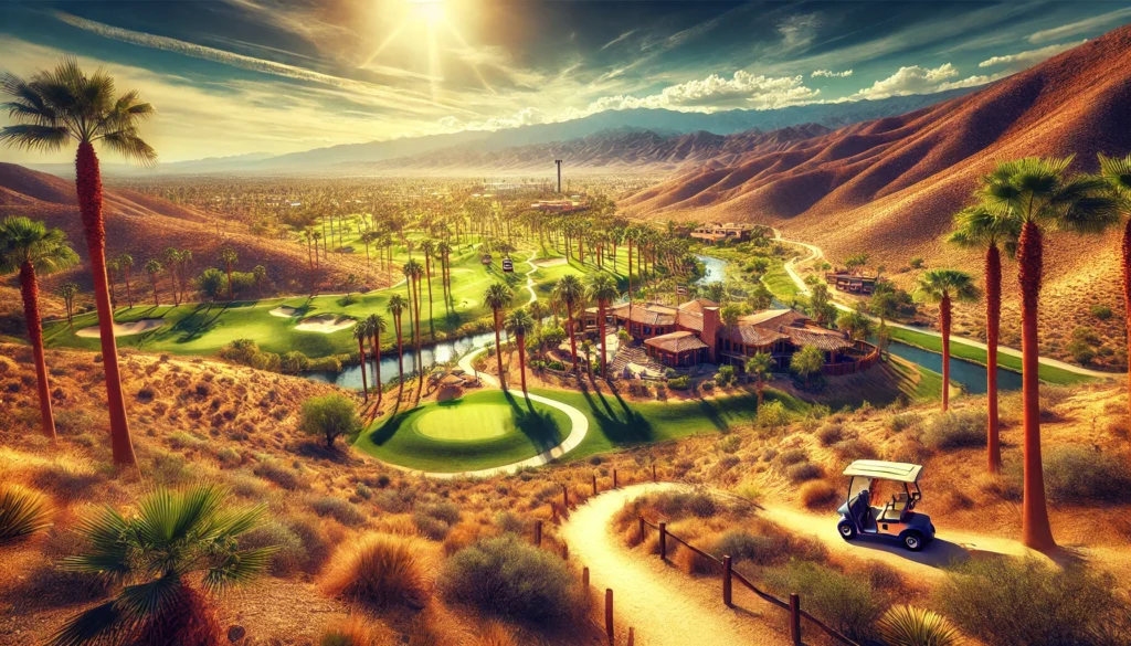 A picturesque desert landscape in Rancho Mirage with hiking trails, palm trees, a luxury golf course, and the iconic Palm Springs Aerial Tramway in the background under bright sunlight and clear skies.