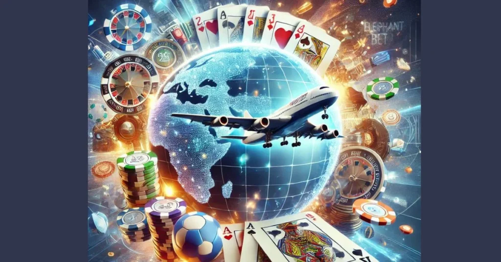 A visually striking representation of Elephant Bet: A World of Thrilling Opportunities, featuring a virtual airplane symbolizing the Aviator game, casino chips, playing cards, and glowing betting icons. The image also includes a globe with a highlighted Mozambique map, emphasizing Elephant Bet's global reach and localized focus, set against a dynamic blue and gold futuristic background.