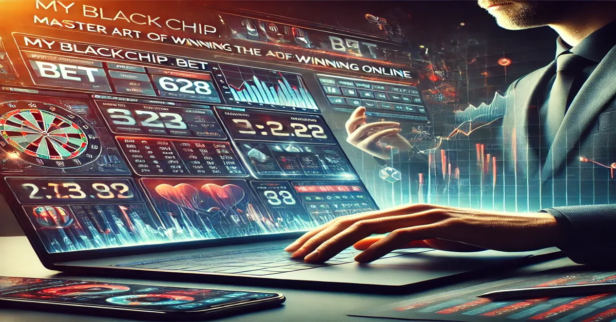 A laptop displaying an online betting platform interface with charts, odds, and sports icons, emphasizing the headline 'myblackchip.com Bet: Master the Art of Winning Online' in bold typography, designed to attract online betting enthusiasts.